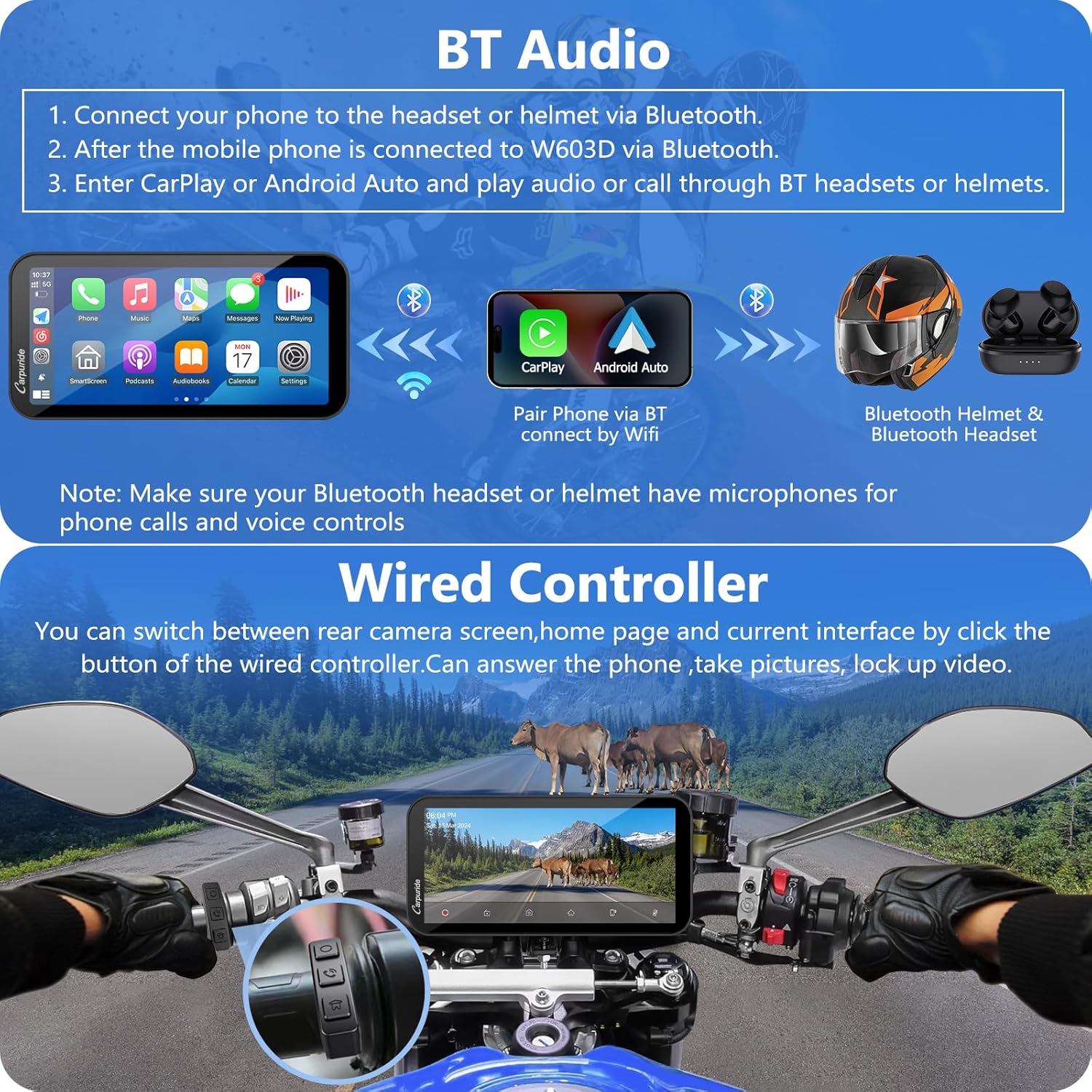 Carpuride W603D Motorrad Carplay – Bild 7